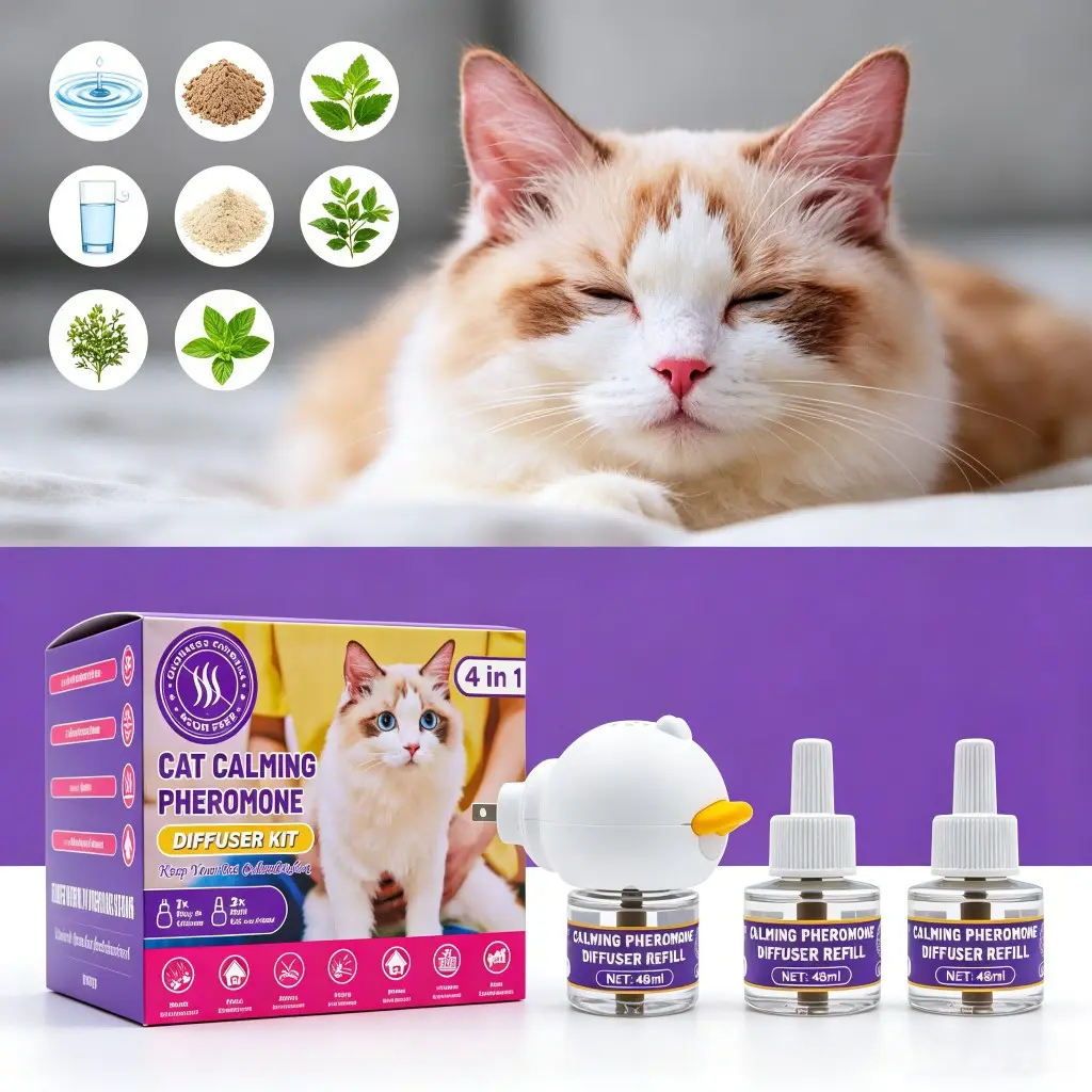 Cat Calm Pheromone Diffuser Set, Plug-In Electric Diffuser with 3 Refills, 90-Day Stress Relief, Reduces Marking, Scratching, Hiding, Odorless, Indoor Use