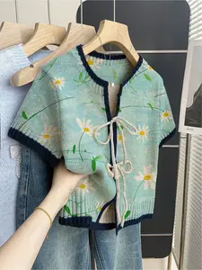 Bohemian Casual Loose Crew Neck Floral Print Short Sleeve Knit Top, Front Tie Design, Contrast Piping, Khaki, Women's Spring Summer Knit Top, Lady