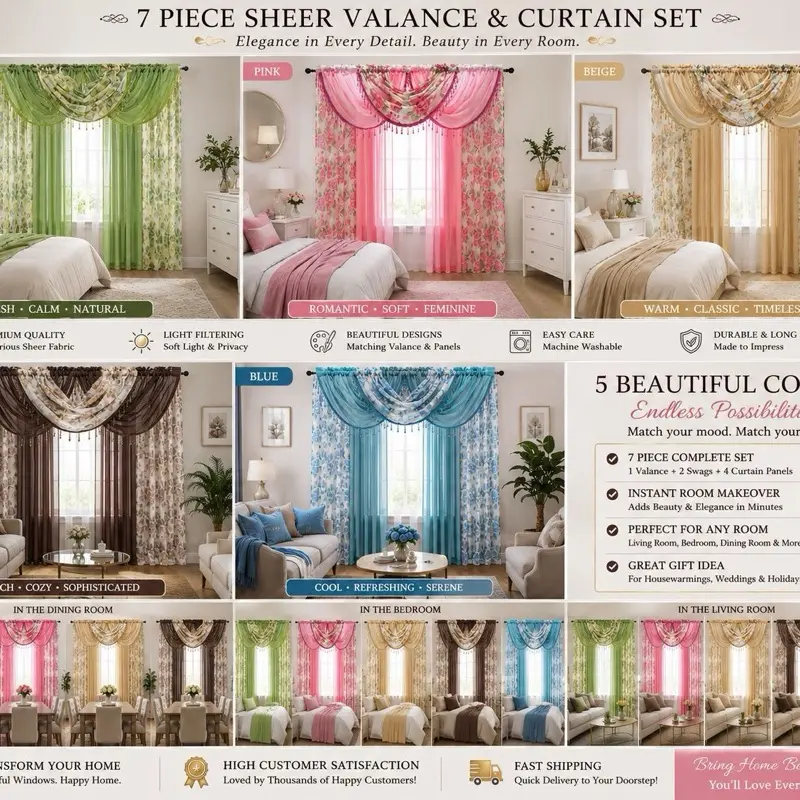 7-Piece Luxury Curtain and Valance Set - 84x54 in, Wrinkle-Resistant, Breathable, Floral Embroidery Household Textile Accessory for Room Decor, House Decor, Machine Washable, Versatile Design (Do Not Bleach)