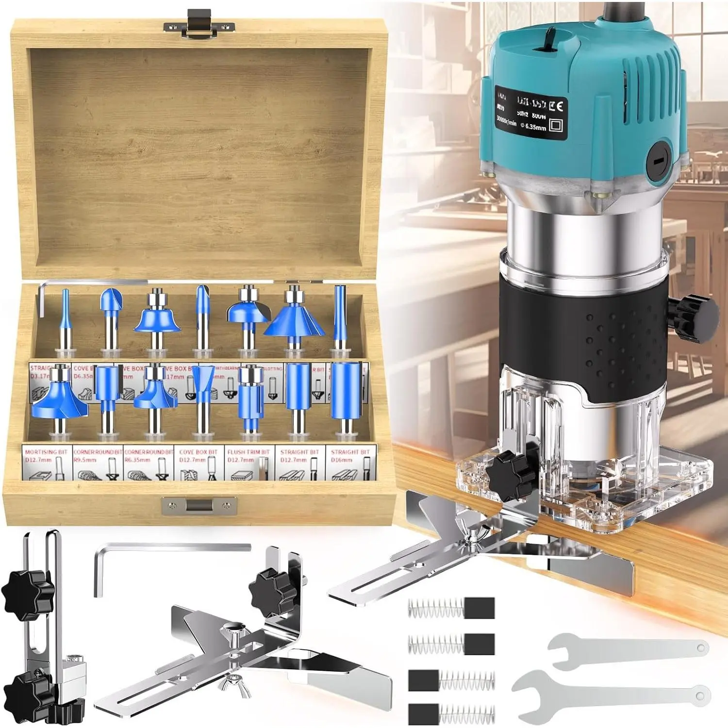 Router Tool, 110V 800W Compact  Router Tool for Woodworking, Electric Hand Trimmer 1/4" Collets Palm  Router Tools Laminate Trimmer + Tungsten Carbide Router Bits 15- Set