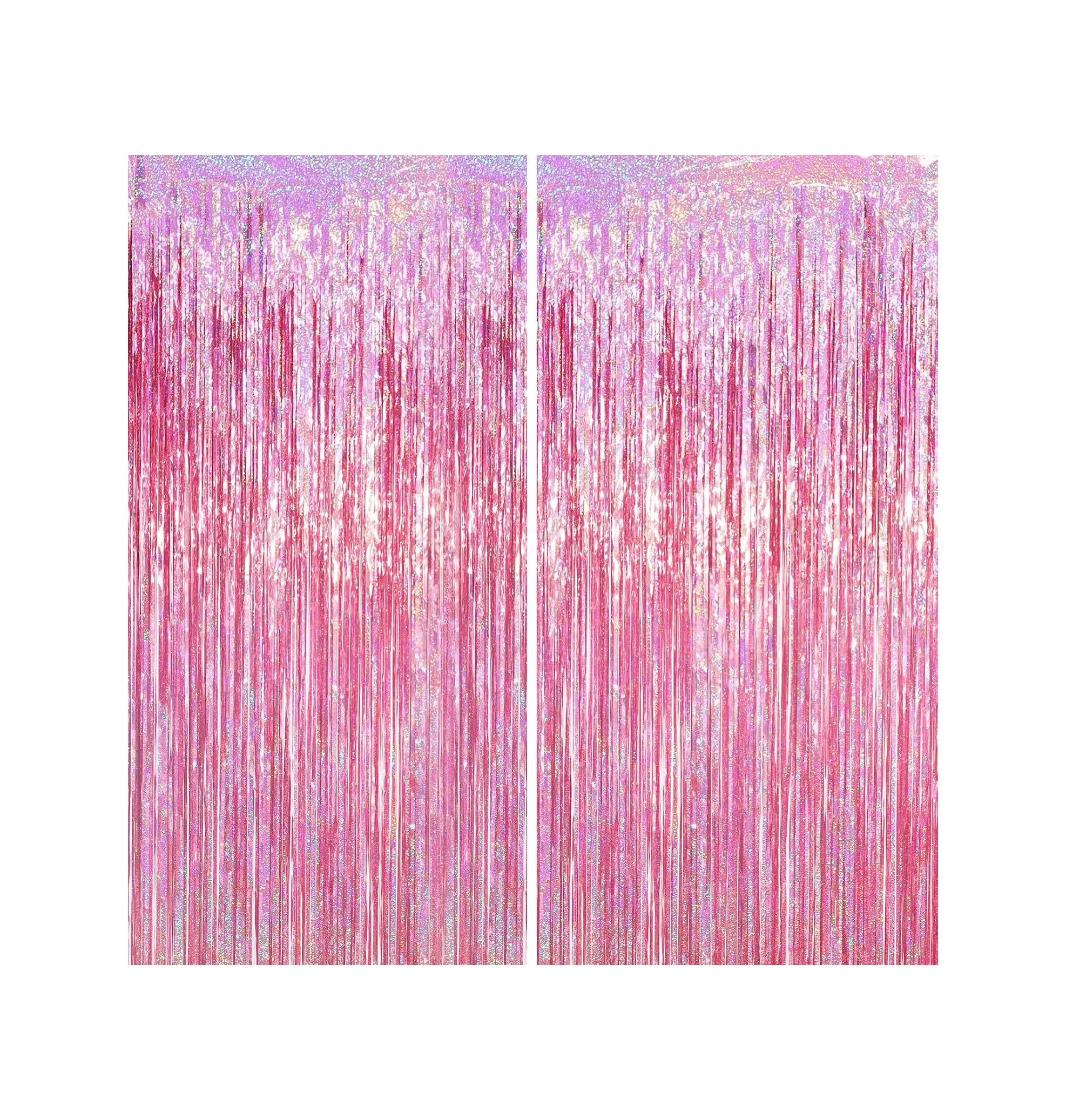 2 Pack Laser Pink Tinsel Foil Fringe Curtains 3.28 ft x 6.56 ft Metallic Party Streamers for Mothers Day Birthday Graduation Wedding Decorations
