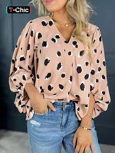 Women's Fitted Leopard Print Bishop Sleeve Casual Blouse Shirts, Chic Elegant Asymmetrical Hem V Neck Long Sleeve Top for Daily Wear, Ladies Clothes for All Seasons