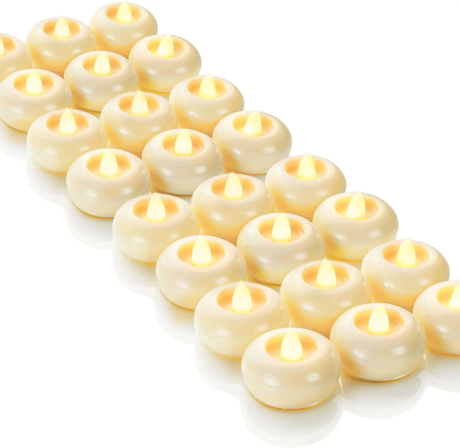 24 Pack 2” Flameless Led Floating Candles, 200 Hour Battery Operated Flickering Waterproof Tealights for Cylinder Vases, Centerpieces at Wedding, Party, Pool, Holiday (Ivory Base)