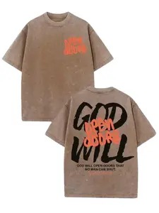 Women's Christian Faith 100% Cotton Vintage Washed Short-Sleeve T-Shirt, God Will Open Doors Front-Back Graffiti Font, Relaxed Fit Oversized Birthday Tee with Cargo Pants-Inspired Fabric