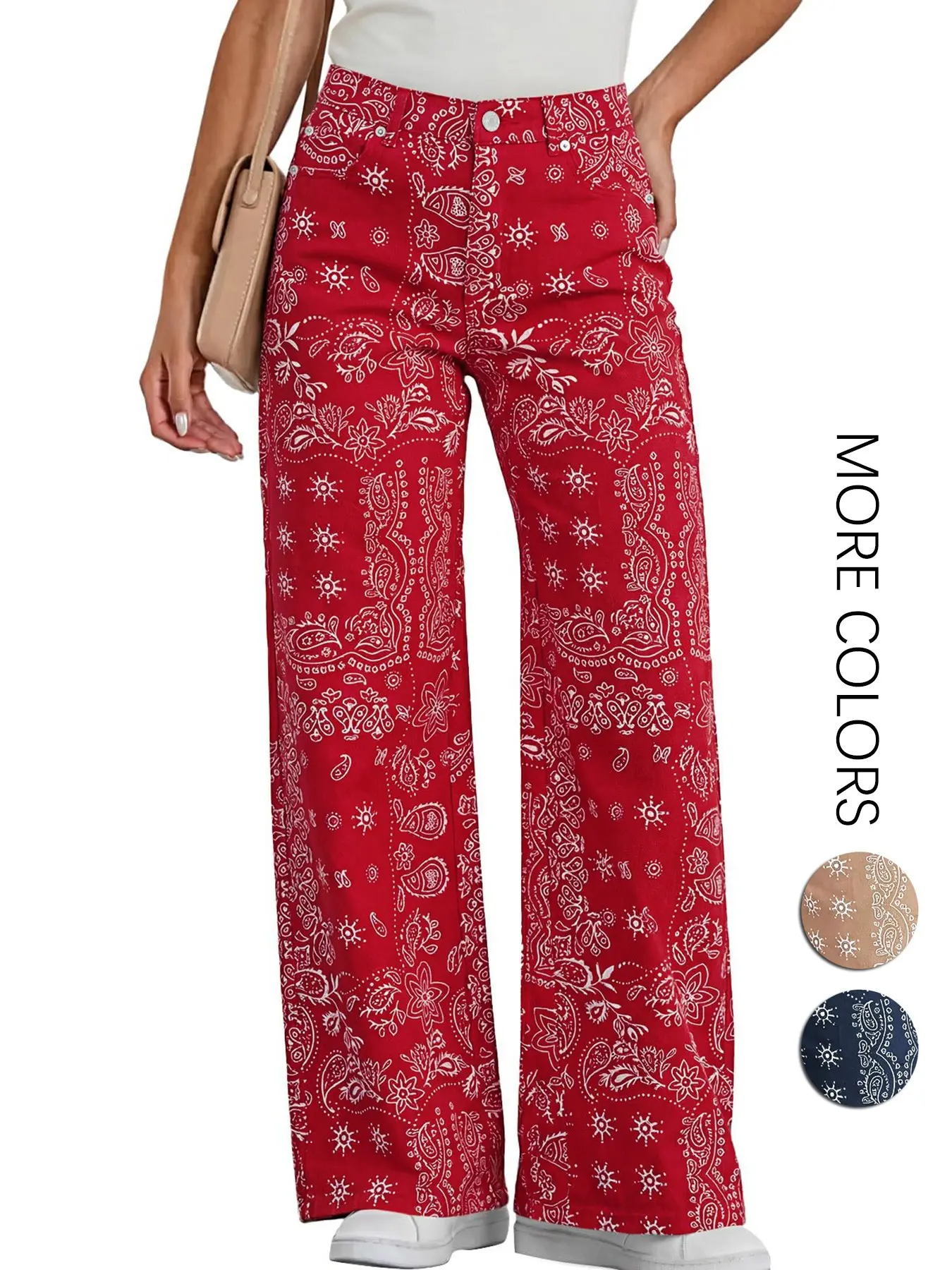 Women's Loose Wide Leg Jeans, Floral Print Bohemian Style High Waist Retro Pocket Denim Jeans