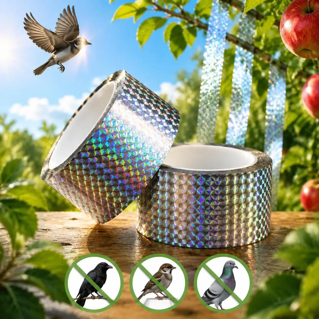 Holographic Bird Control Reflective Tape (164FT) - Wind-Activated, Easy-to-Install Outdoor Garden Accessory for Fruit Trees, Crops, Balconies, Plant Care & Home Improvement