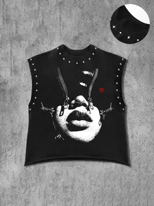 Men's Cool Graphic Muscle Tank Top Vest with Zipper Print, Sleeveless Fitted Design, Breathable Comfort, Punk Street Style, Perfect for Casual