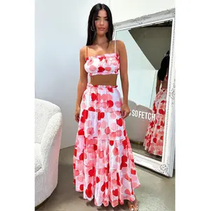 Selina Tiered Maxi Skirt - Red / White Print
