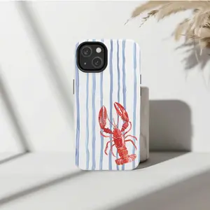 Preppy Lobster Coastal Aesthetic Case | Nautical Blue Stripe Watercolor Cover for IP Phone 16, 15, 14, 13, 12, 11, X, XS, XR, SE, 8, 7 Series (Pro, Max, Plus, Mini)