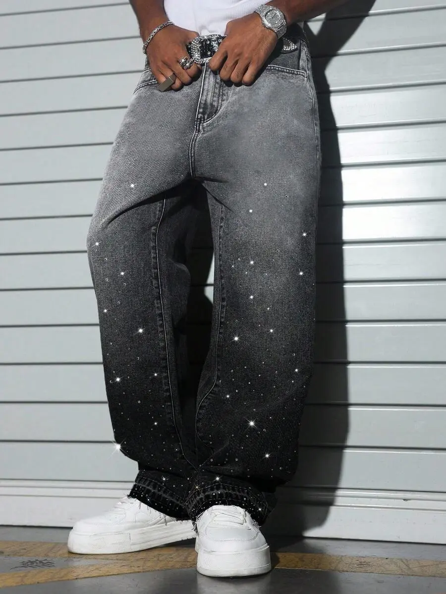 Manfinity EMRG Menswear Baggy Jeans - Men's High-Street American Streetwear, Gradient Washed, Rhinestone Embellished, Loose Wide-Leg, Black/Rave Grey, Autumn Style, Gift For Husband