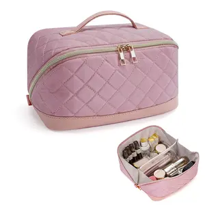 Wandering Nature Travel Makeup Bag,Travel Make up Bag with Large Capacity,Quilted Makeup Organizer Bag, Open Flat Travel Toiletry Bag for Women Cosmetic Bag with Divider and Handle,Patent Pending