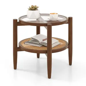 COSTWAY - 3 Piece Rattan and Wood Living Room Set with Side Table Coffee Table and TV Stand
