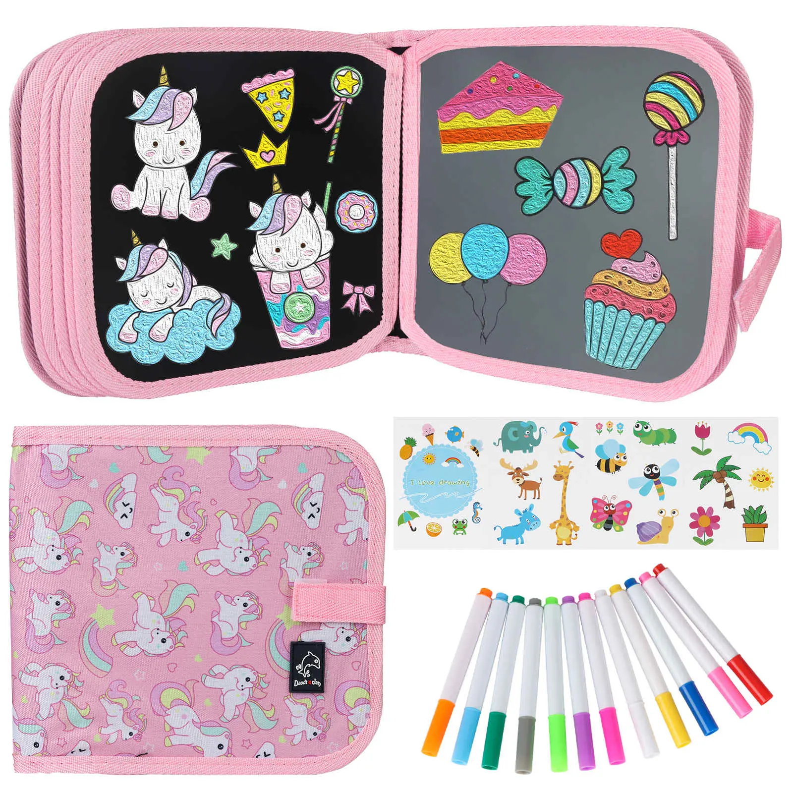 Egofuntoy Erasable Reusable Watercolor Pen Doodle Set for 1-4 Year Old Toddlers - Colorful Marker Pen, Drawing Art Supplies, Painting Supplies Kit, 12 Markers, 14-Page Unicorn Book, Car Travel Kids Toys Cool Gifts