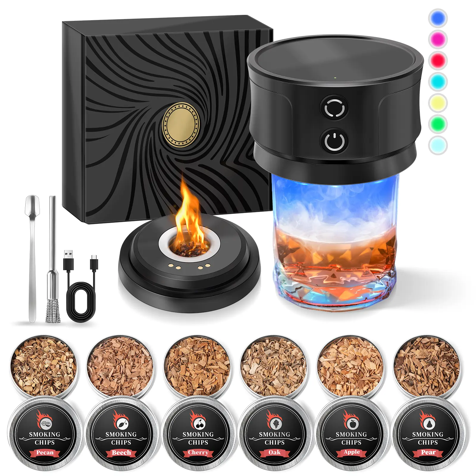Woody Electric Whiskey Smoker Kit - 8 RGB LED Lights, 1-Touch Smoke Function, Magnetic Safety Cover, Glass & ABS Material, USB Charging, Compact Home Supplies Accessory for House Warming, Fishing, Hiking, Party, Gift Idea for Men