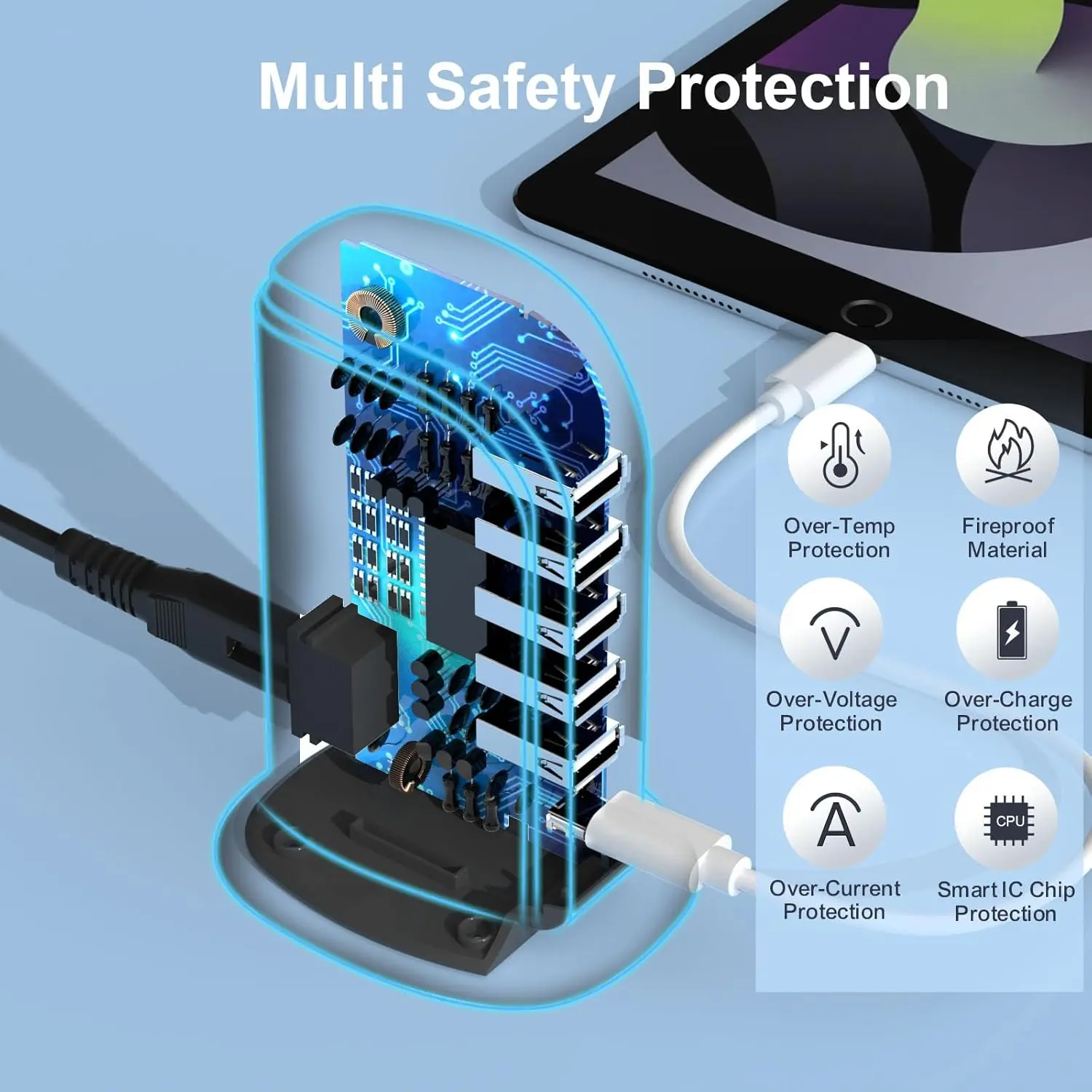 45W 6-Port USB-C Charging Tower Hub Extender - Travel-Ready Electrical Socket Accessory for Guest Rooms, Offices
