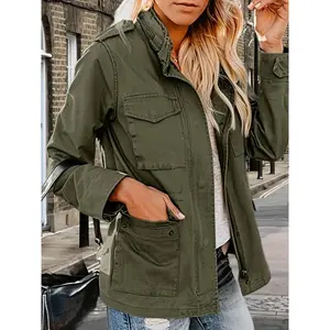 Women'S Casual Military Anorak Jacket - Zip-Up Snap Button, Parka with Pockets, Long Sleeve, Solid Color, Regular Fit, Fall/Winter Outdoor Coat, Casual Outdoor Wear | Functional Pockets | Zippered Jacket