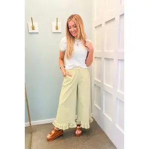 Sage Ruffled Hem Cropped Pants - Light Sage
