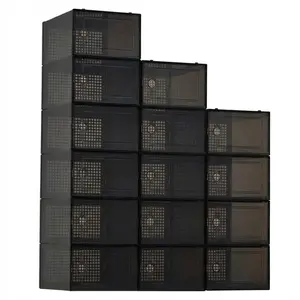 Garvee 15 Pcs Shoe Boxes, Transparent Stackable Plastic Shoe Organizer, Shoe Storage Containers with Lids for Women/Men, Black