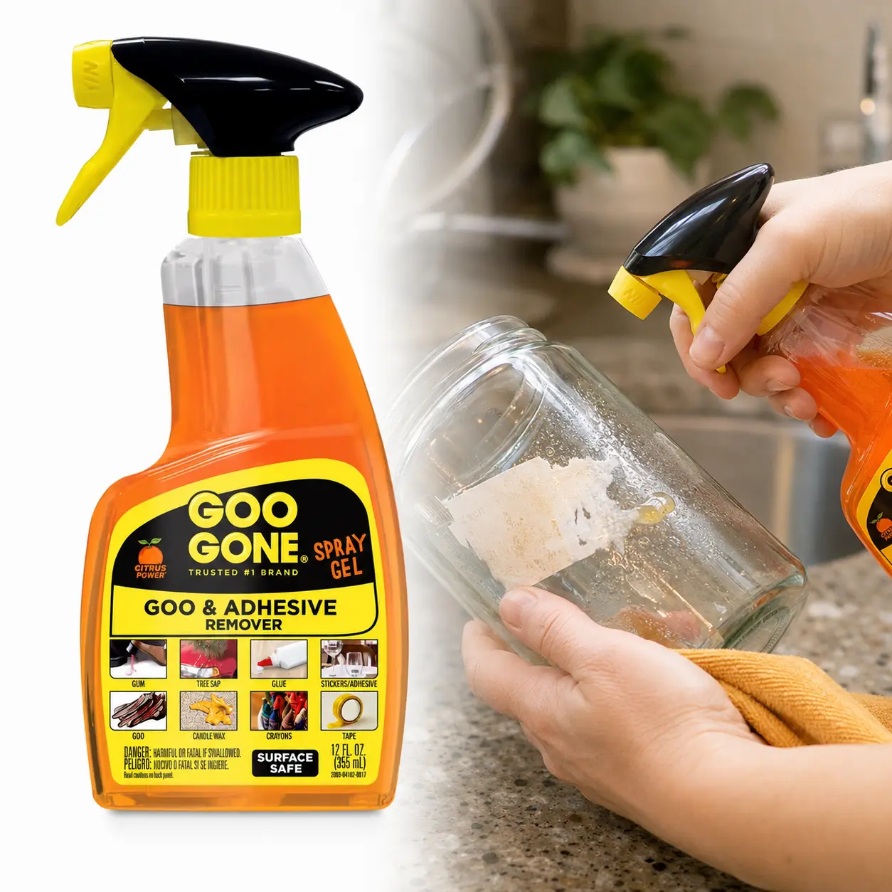 Goo Gone 12 oz Goo and Adhesive Remover Spray,adhesive remover,citrus scent,spray gel,clings to stains,surface safe,stickers,labels,tape residue,glue,gum,grease,wax,decals,grime,painted surfaces,glass,metal,plastic,ceramic,fabric,carpet,finished wood