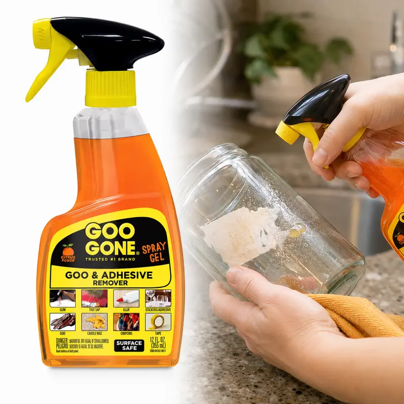 Goo Gone 12 oz Goo and Adhesive Remover Spray,adhesive remover,citrus scent,spray gel,clings to stains,surface safe,stickers,labels,tape residue,glue,gum,grease,wax,decals,grime,painted surfaces,glass,metal,plastic,ceramic,fabric,carpet,finished wood