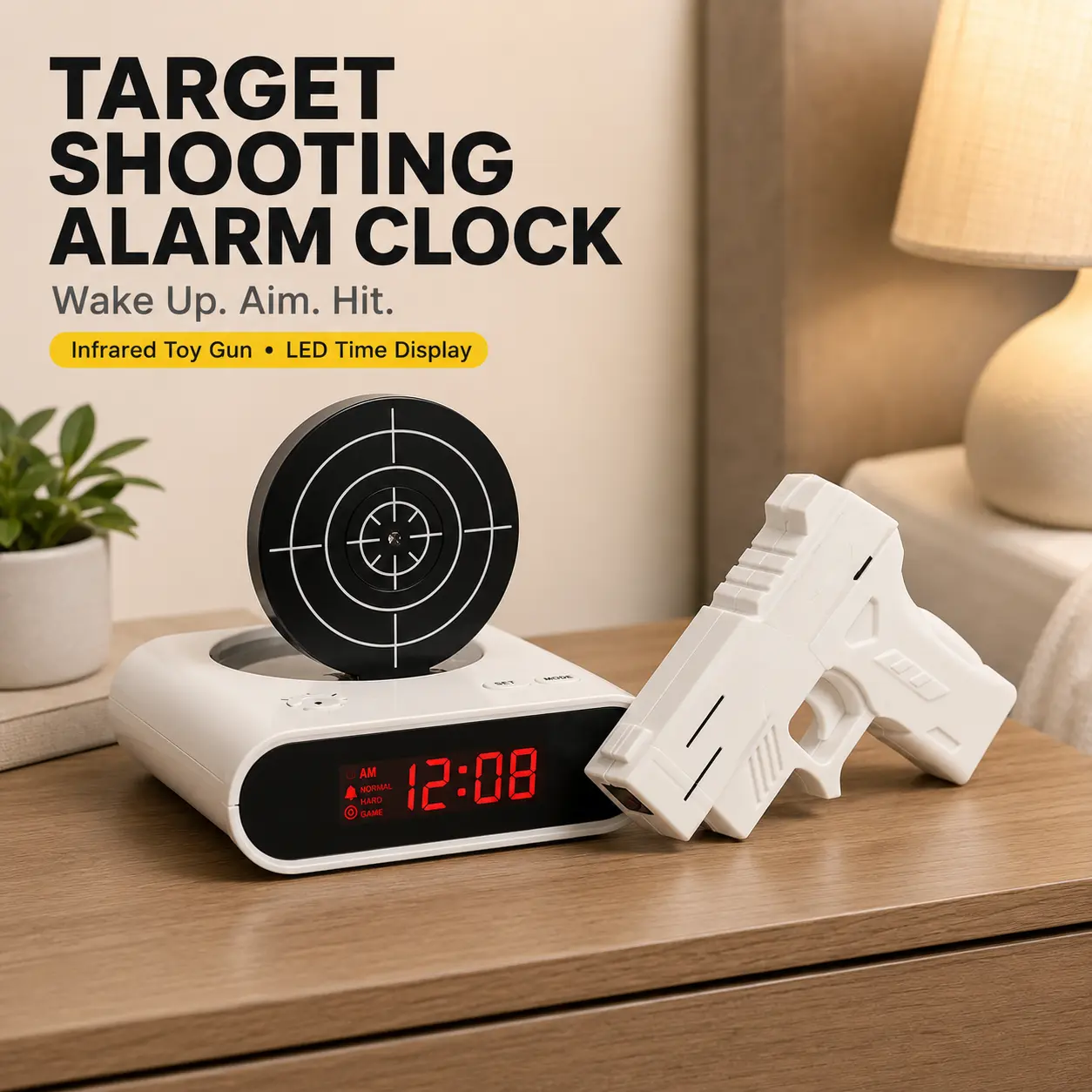 Target Alarm Clock for Heavy Sleepers, Fun Wake Up Challenge Clock with Infrared Sensor & LED Display