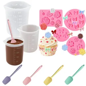 Reusable DIY Baking Kitchen Utensils Set - Odor-Free Silicone Measuring Pitcher, Color Scrapers, Rose Butterfly Molds, Melt Pot for Chocolate, Wax, Birthday Cakes, Candle Making, Bow Decoration