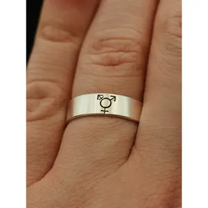 Veeaien Designs Transgender Symbol Ring - LGBTQIA2S+ Jewelry for Gender Expression & Identity - 6mm Hand-Stamped Ring with Black Enamel Finish