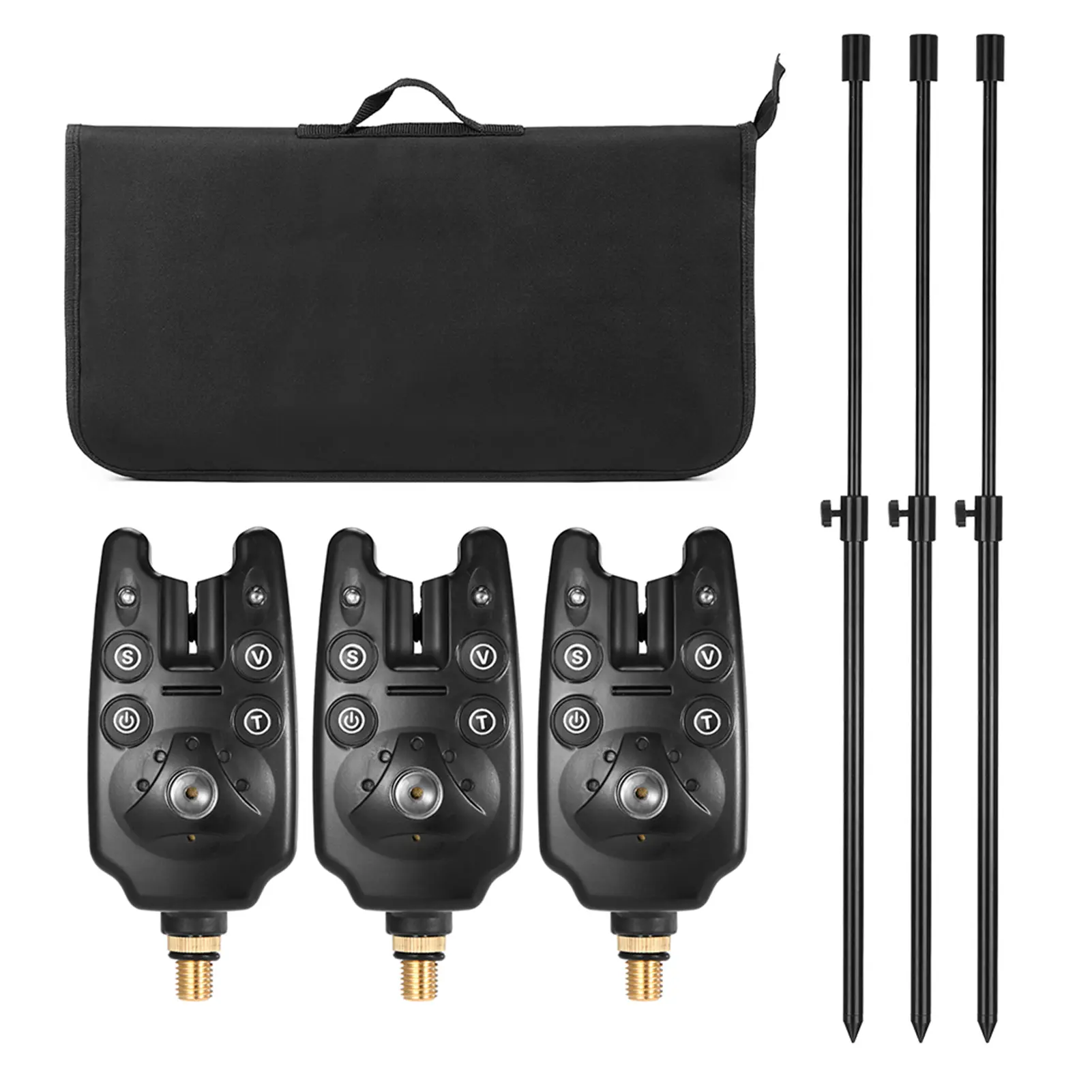 Electronic Fishing Bite Alarm Kit with 3 LED Audio-Visual Alarms, 3 Adjustable Aluminum Banksticks & Swingers, and a Padded 1680D Oxford Carry Bag for Night Fishing, Fishing Equipment Accessories