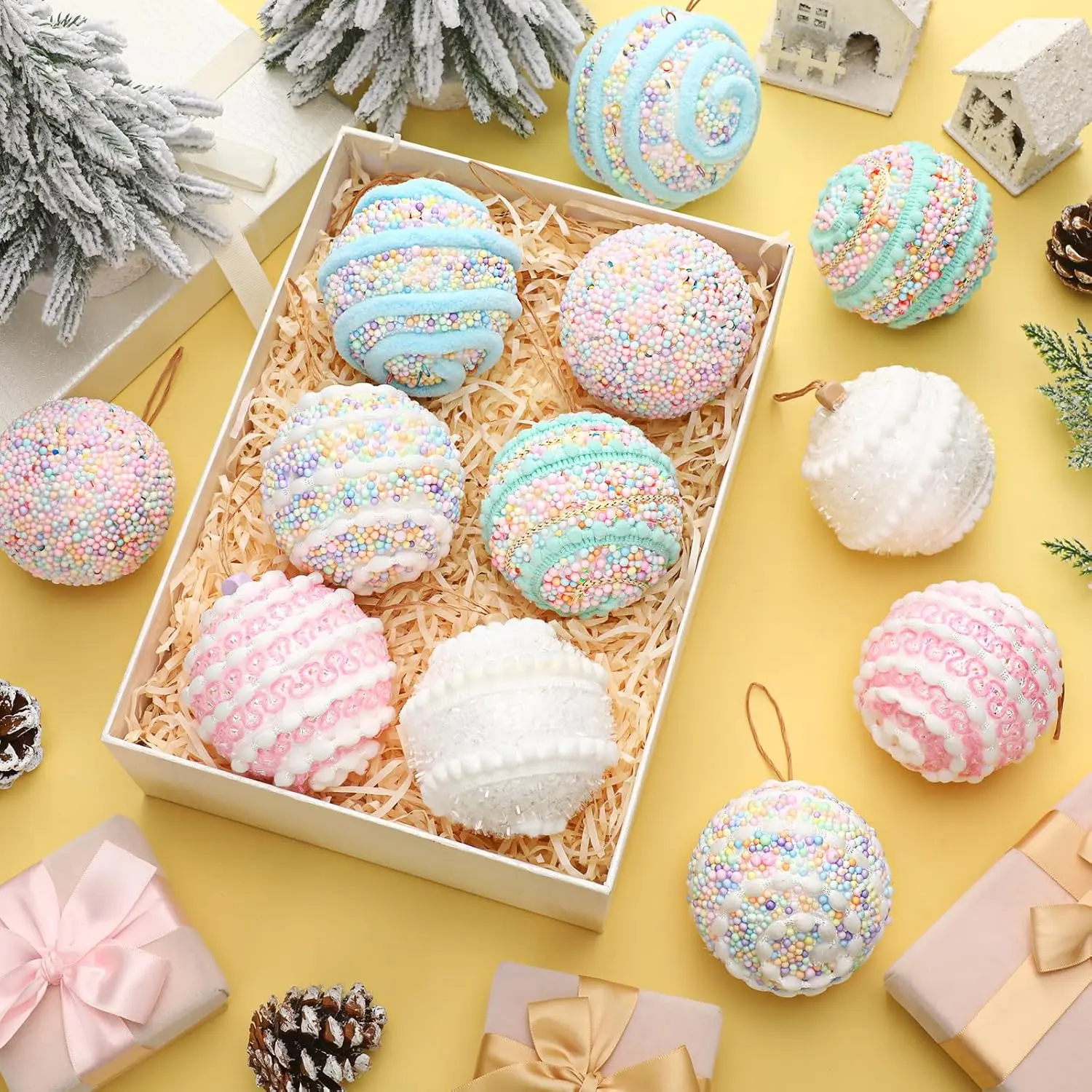 18 Pcs Candy Christmas Ornaments Pastel Peppermint Christmas Tree Ball Ornament Set Macaron Shatterproof Glitter Foam Balls Xmas Tree Hanging Decor for Xmas New Year Birthday Party Supplies
