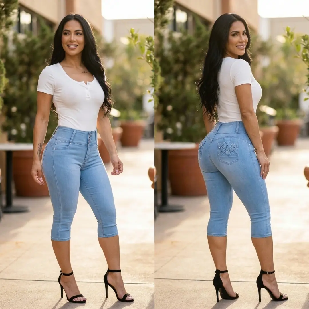 MX JEANS Super High Waist Push Up Braided Pocket Light Denim Capris