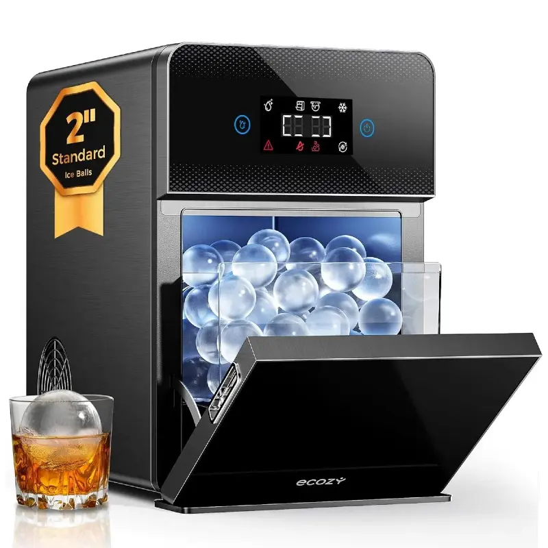 ecozy 2" Clear Ice Ball Maker Countertop, Clear Sphere Ice Maker Machine with CrystalFlux Technology, 4 pcs in 40 Mins, 144 pcs/Day, Enhanced Insulation Round Ice Maker, Auto Water Supply, Self-Cleaning Circle Ice Maker for Whiskey, Bourbon, Every Games h