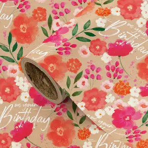 Kraft Paper Floral Birthday Gift Wrap Roll, Watercolor and Flower Print, 43.2cm X 300cm, Ideal for Parties and DIY Decorations