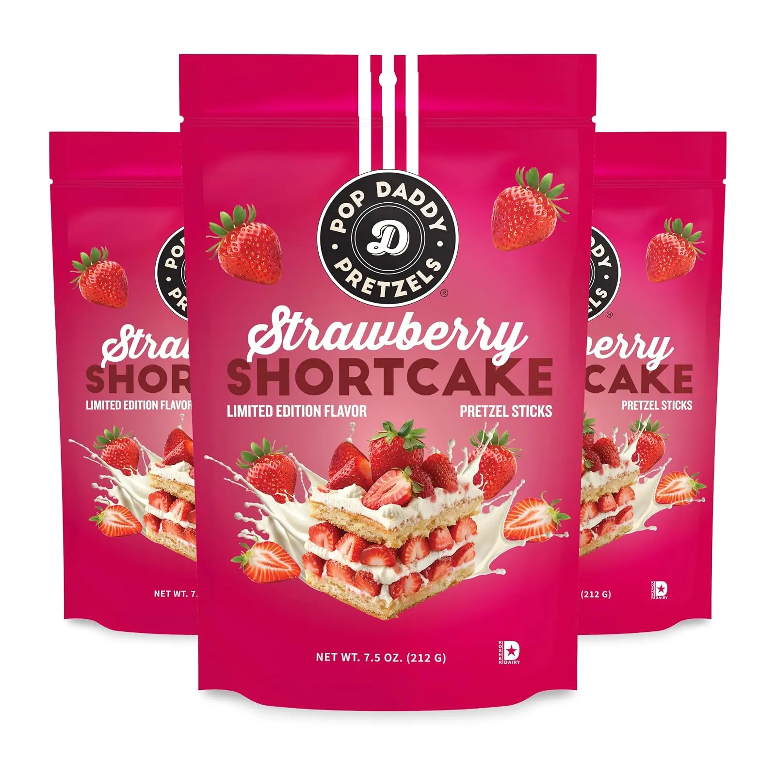 Pop Daddy Flavored Pretzels Sticks, Gourmet Pretzels Snacks, 7.5oz Individual Bags, 3 Pack, Strawberry Shortcake