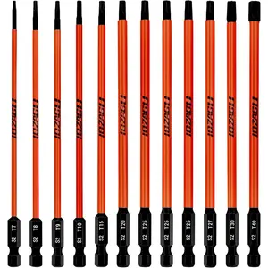 12 count Long Torx Bit Set 6-Inch (152mm), T7 to T40,   Tamper Proof Star Bit Set,1/4 Inch Hex Shank | S2 Steel