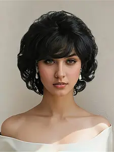 Women's Elegant Curly Bob Wig with Side Bangs, Heat Resistant, Premium Inner Net, Perfect for All Occasions, Halloween Cosplay, Wavy Wigs