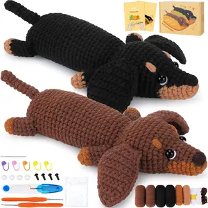 P-ITC0110  Crochet Kit for Beginners - 2 PCS Dachshund Crochet Kits with Step-by-Step Video Tutorials, Beginner Crochet Kit for Adults, Crochet Animal Kit for Kids, Dog Crocheting Set (Brown & Black)