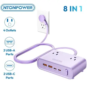NTONPOWER Desk Power Strip with USB C, Purple Flat Plug 8-in-1 (4 AC + 4 USB), 25W Charging, 5ft Flat Extension Cord, Aesthetic Desk Setup, Study Desk & Dorm Room Essentials for Students