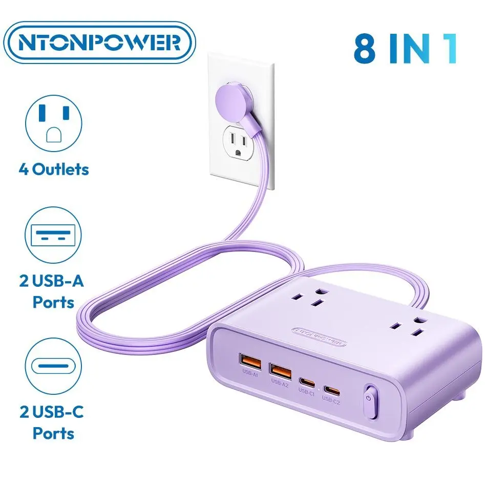 NTONPOWER Desk Power Strip with USB C, Purple Flat Plug 8-in-1 (4 AC + 4 USB), 25W Charging, 5ft Flat Extension Cord, Aesthetic Desk Setup, Study Desk & Dorm Room Essentials for Students Type C Ports Usb C Hub