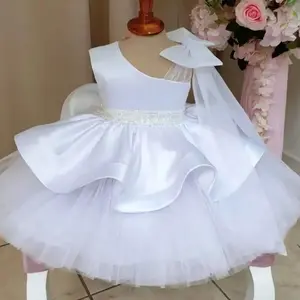 117 Sloping Shoulders 1st Birthday Dress For Girl Clothing Baptism Beads Princess Dress Girls Bow Praty Wedding Costumes