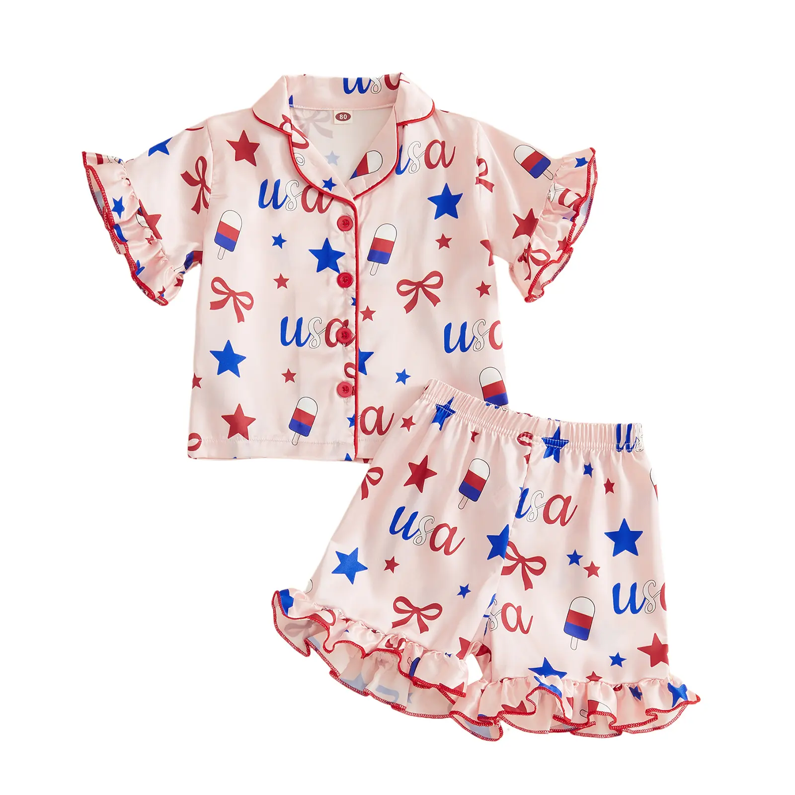 Little Girl 4th of July Pajamas Set Bow Letter Print Short Sleeve Lapel Button Down Satin Tops with Shorts Sleepwear