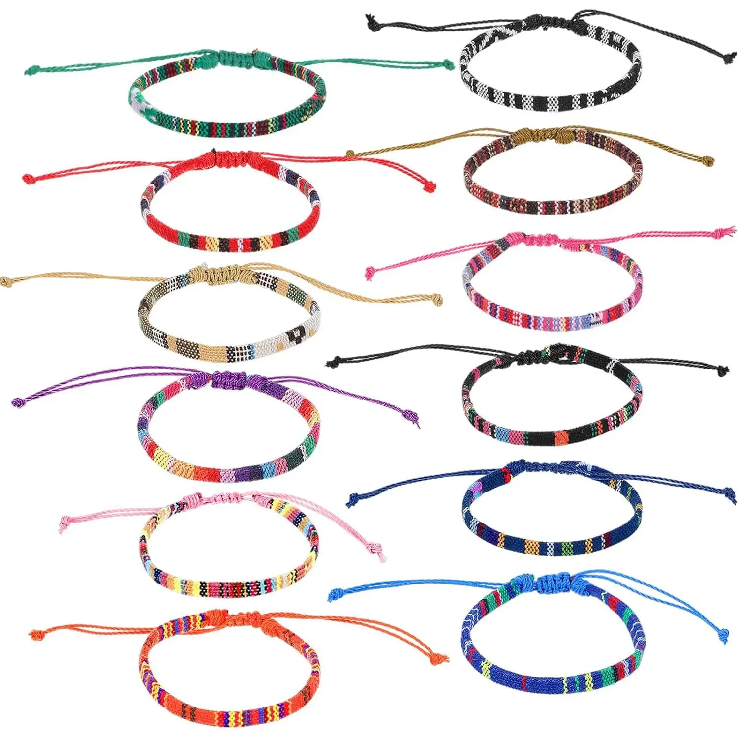 12 count Woven Bracelet,  Surfer Bracelets Adjustable Braided String Friendship Bracelet Boho Bracelets Anklets for Men Women (Multicolor)