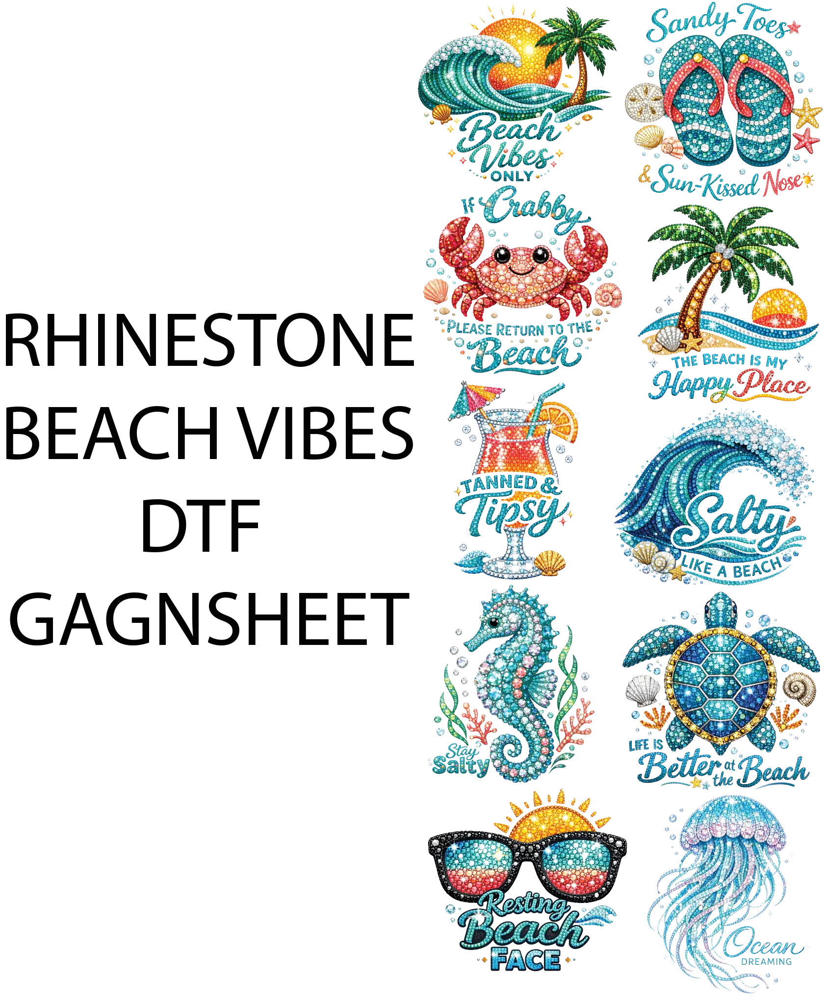 RHINESTONE BEACH VIBES DTF GANGSHEET FOR SHIRTMAKING