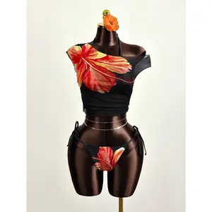 Women 3 Pieces Bikini Set Floral Print Halter Top, Black Cover Up, Side Tie Swim Shorts For Summer Beach Vacation