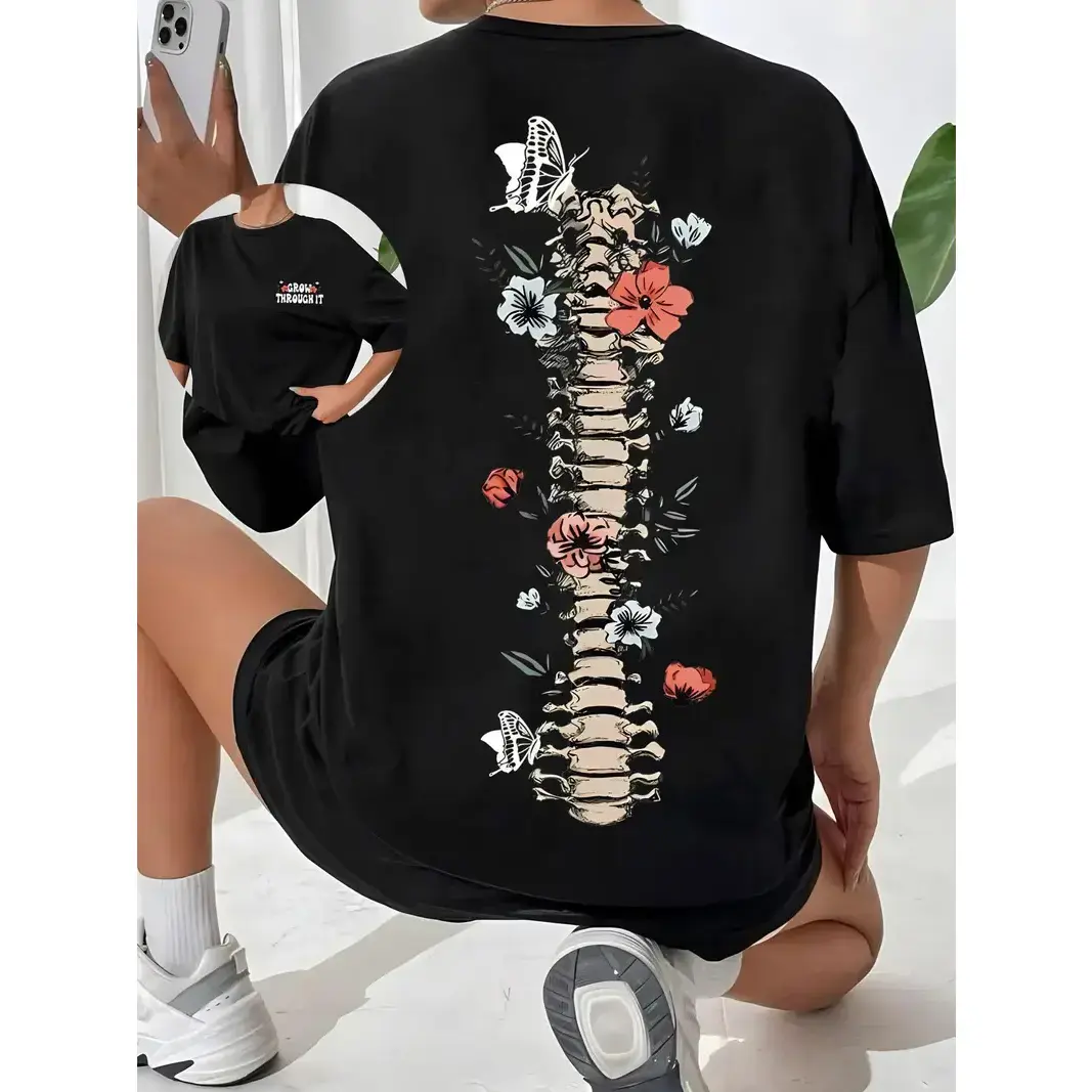 Women's Graphic Drop Shoulder Fit Tee, Fashion Skeleton & Floral Print Half Sleeve T-shirt, Chic Casual Streetwear Summer Tee Shirts, Going Out Tops 2000s, Graphic Tees Women, Casual Comfy Tee, Womenswear
