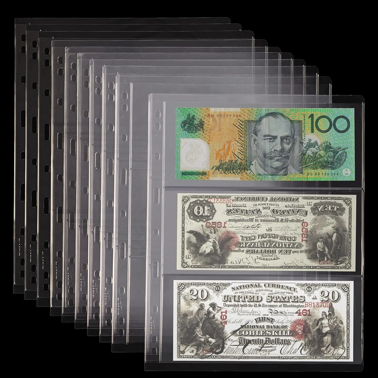 Currency Collector Binder Pocket Pages - 12 Acid-Free Hard Sheets, 36 Ultra-High Transparency Pockets, 9-Hole Binder Accessories for US/EU Binds, Flat Storage Office Stationery for Paper Money & Coins, Strong Support, High Transp Design