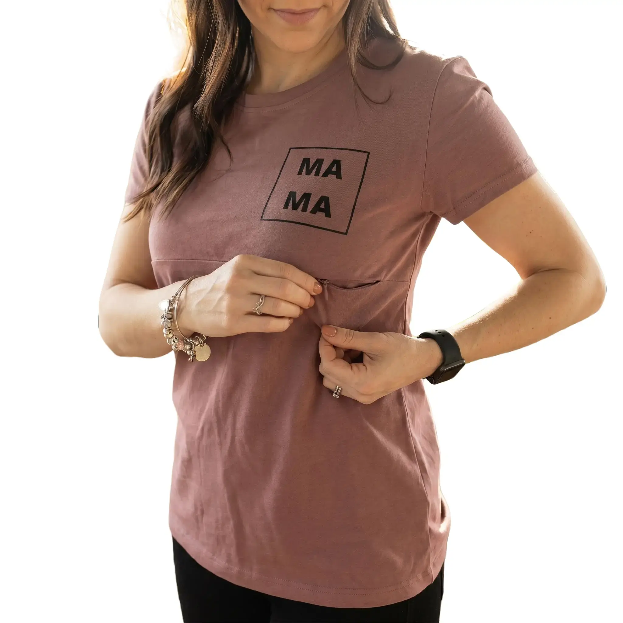 GIFTIFYMAMA Women's "Mama" Print Nursing T-Shirt, Casual 95% Cotton Crew-Neck Top with Discreet Zippers, Maternity & Postpartum Outfit, 95% Cotton, 5% Elastane