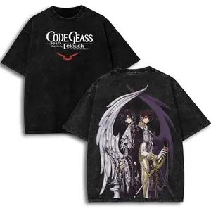 Men's Code Geass Lelouch Suzaku Short-Sleeve T-Shirt - 2-Sided Black Washed Cotton Top, Angel Devil Vintage Anime Streetwear, Casual Distressed Figure-Design Tee, Shortsleeve, Tshirt