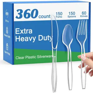 360 Count Extra Heavy Duty Clear Plastic Silverware, 150 Forks, 150 Spoons, 60 , , Heat Resistant, Disposable Plastic Utensils Set, Plastic Cutlery Set, Plasticware Bulk