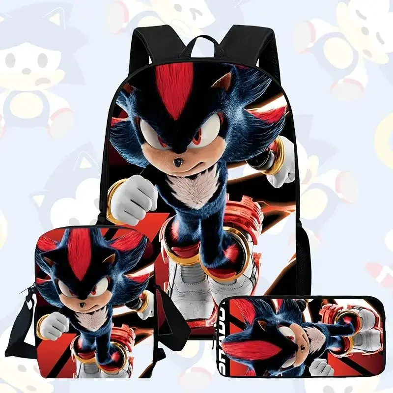 Shadow the Hedgehog 3PCS Backpack Set, Cool Sonic Character Print School Backpack with Lunch Box & Pencil Case, Lightweight Durable Daypack for Kids Teens, Ideal Gift for Sonic Fans