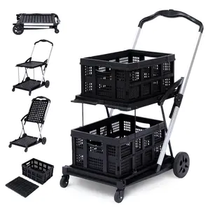 2 Tier Folding Shopping Carts  Multi Use Functional Collapsible Carts with 360 Rolling Swivel Wheels Shopping Cart with Storage Crate & 2 Cargo Boxes Utility Cart for Groceries, Warehouse